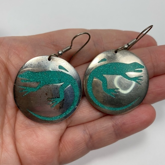 Alpaca Mexico Earrings Dangles Artisan Vintage Lizard Inlaid Turquoise - Picture 5 of 11